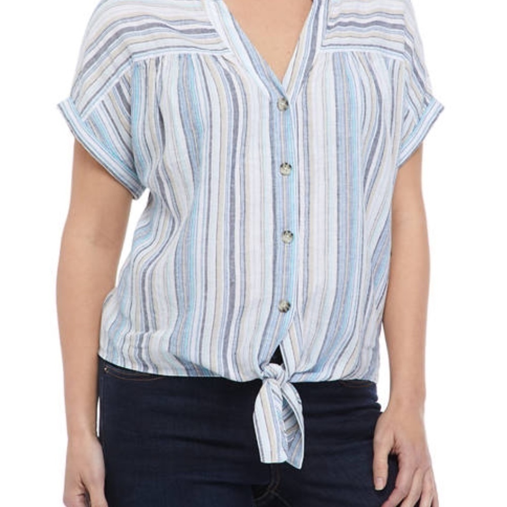 EUC Sharagano Linen Striped Tie Front Top Boho Size Small